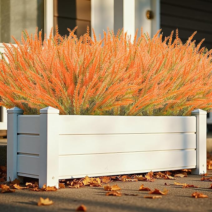36 Pcs Artificial Fall Flowers Outdoor, UV Resistant Fake Lavender Flowers Faux Plastic Fall Plants Shrubs Bushes for Indoor Outside Planters Porch Window Box Patio Home Decor（Orange）
