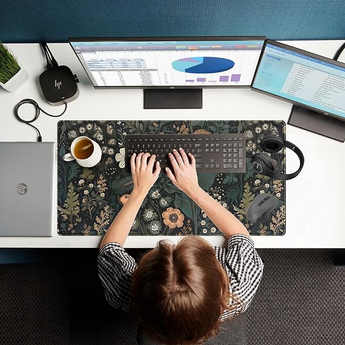 Dark Flower Desk Mat Floral Plants Mouse Pad, Aesthetic Wildflowers Large Gaming Mousepad Desk Pad, XXL Keyboard Mouse Mat Full Desktop Mat Women Office Desk Accessories Cover Mat 31.5"x15.75"