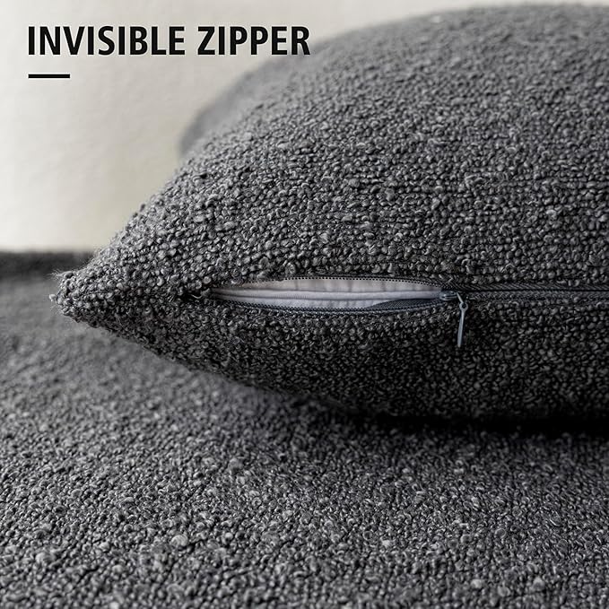 Foindtower Set of 2, Decorative Textured Boucle Throw Pillow Covers Accent Solid Pillow Cases Neutral Soft Cozy Couch Cushion Case for Chair Sofa Bedroom Living Room Home Decor 16 x 16 Inch Dark Grey