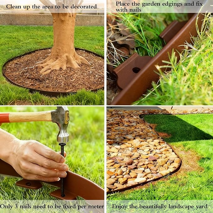 49FT Landscape Edging, 4 in Tall Garden Edging Borders with 75 Spikes,Flexible Lawn Edging Plastic Borders for Garden, Flower Beds, Pavement-Brown