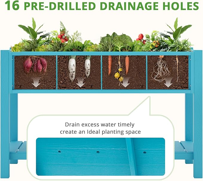 LUE BONA Elevated Planter Box with Legs and Shelf, 47 * 21 * 30in, 8 DIY Pocket HDPS Raised Garden Bed with Tools, 3-Year Warranty, No Crack, Large Outdoor Herb Raised Beds for Gardening Vegetables