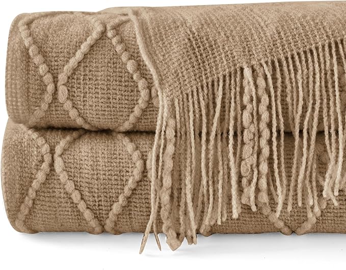 inhand Knitted Throw Blankets for Couch and Bed, Soft Cozy Knit Blanket with Tassel, Khaki Lightweight Decorative Blankets and Throws, Farmhouse Warm Woven Blanket for Men and Women, 60"x80"