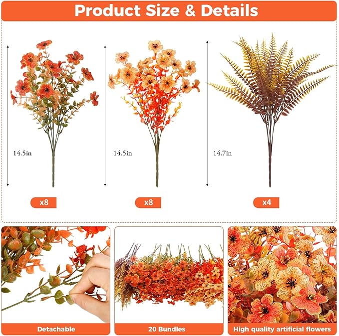 20 Bundles Artificial Fall Flowers for Outdoors Decoration, Fake Mums Silk Daisy Faux Plastic Plants Boston Fern UV Resistant for Autumn Thanksgiving Garden Planters Home Decor, Mixed Orange