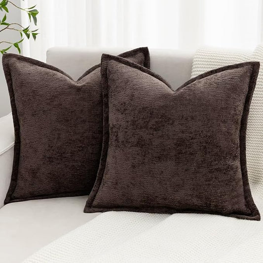 Brown Decorative Throw Pillow Covers 16x16 Inch Set of 2 Cozy Soild Chenille Cushion Cases Soft Textured Square Couch Pillows Cover Boho Accent Farmhouse Pillowcases for Sofa Bed