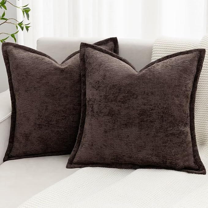 Brown Decorative Throw Pillow Covers 26x26 Inch Set of 2 Cozy Soild Chenille Cushion Cases Soft Textured Square Couch Pillows Cover Boho Accent Farmhouse Pillowcases for Sofa Bed