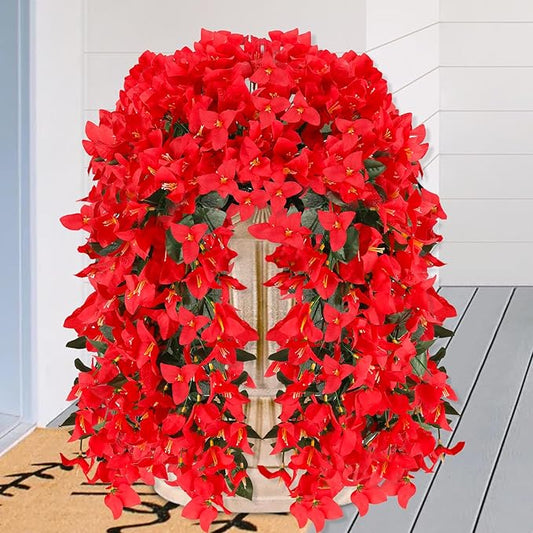 Artificial Bougainvillea Flowers for Outdoor Plant,2 pcs Faux Hanging Flowers Bougainvillea for Outside Decoration,Fake Silk UV Resistant Vines for Front Door Porch(Red)