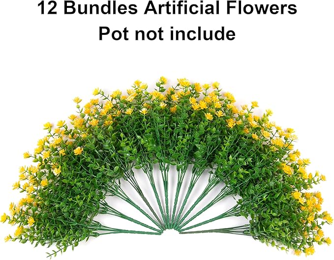 Ivydale Artificial Fall Flowers Plants Fake Mums for Autumn Outdoors Decoration, 12 Bundles Faux Plastic Daisy UV Resistant Greenery Bushes Shrubs for Home Porch Patio Garden (Yellow)