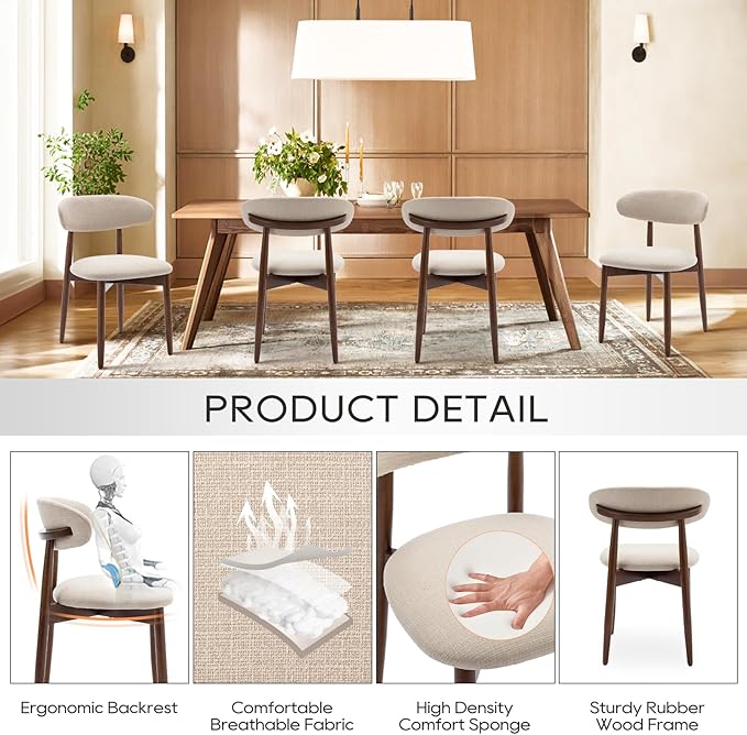 COLAMY Wooden Dining Chairs Set of 4, Modern Fabric Upholstered Kitchen Side Chairs, Farmhouse Dining Room Chair with Foot Pegs, Beige