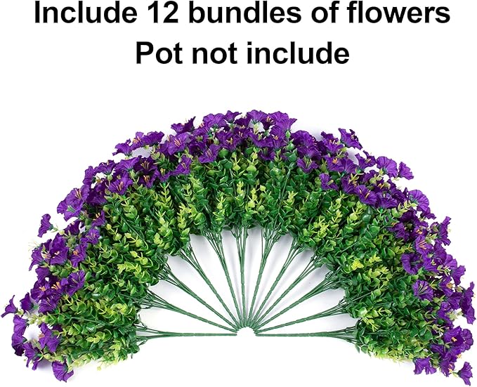Artificial Flowers Fake Plants for Outdoors Decoration, 12 Bundles Purple Silk Morning Glory with Eucalyptus Realistic UV Resistant Faux Flowers Greenery for Outside Planter Yard Garden Home Indoor