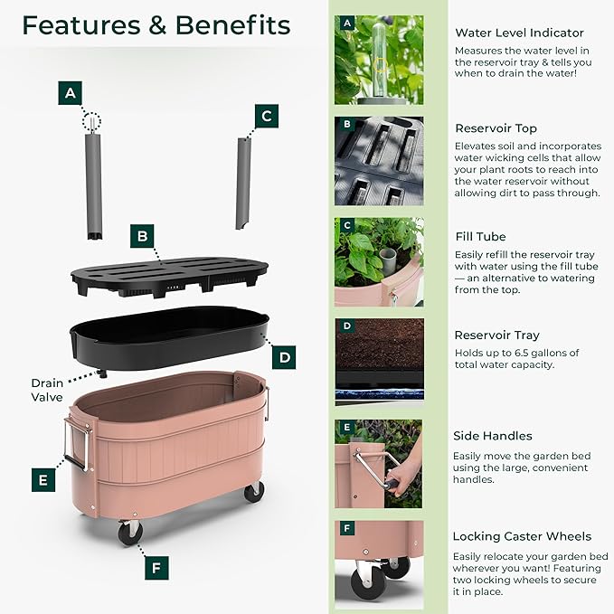 Permasteel Self-Watering Garden Bed, Rolling Planter for Vegetables, Flowers, Herbs, and Fruit, Outdoor Indoor, Caster Wheels, Pink