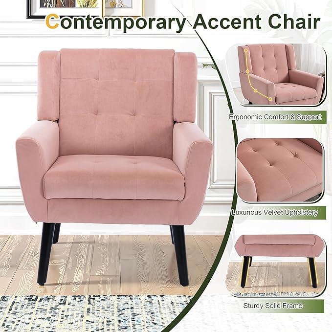 NicBex Accent Chair Set of 2, Modern Chair for Living Room Upholstered Foam Filled Living Room Chairs with Metal Legs Velvet Cozy Lounge Armchair for Living Room Bedroom,Pink