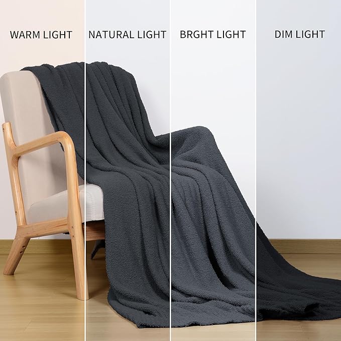 JOOJA Dark Grey Black Fuzzy Knitted Blanket, Soft Lightweight Plush Queen Size Blanket for Bed, Cozy Nights, Charcoal Grey, 90x90