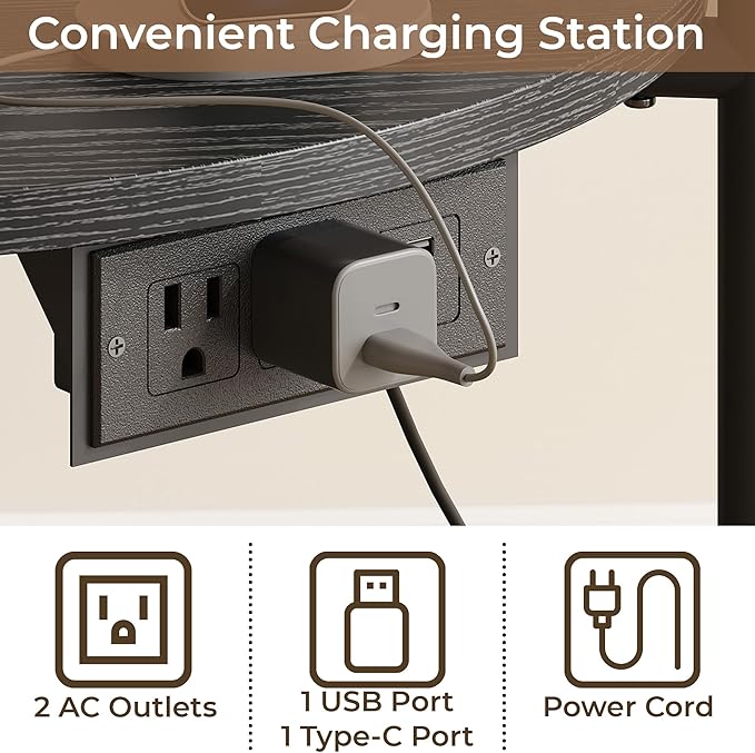 LIKIMIO Round Side Table Set of 2, 23.6" W End Table with Charging Station, Modern Wooden Nightstand for Small Spaces, Living Room, Bedroom, Black