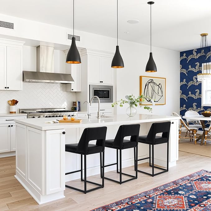 Counter Height Black Bar Stools Set of 2 for Kitchen Counter Modern Bar Chairs with Backs for Kitchen Island with Upholstered Faux Leather Seat and Metal Frame, 26 Inch