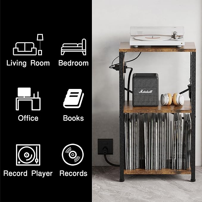 End Table with LED Light,Record Player Stand with Charging Station,Vinyl Records Storage,Turntable Stand Albums Storage for Music Room Studio-Modern Brown