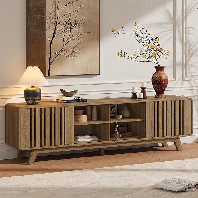 ONBRILL 70-Inch TV Stand for TVs up to 80 Inch, Mid-Century Modern Television Stand with Power Outlet， Entertainment Center with Sliding Grille Door Cabinets and Open Shelves for Living Room, Oak