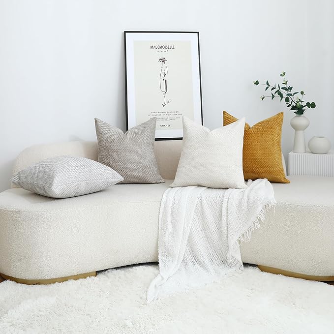 Stellhome 4 Packs Neutral Decorative Throw Pillow Covers Soft Chenille Woven Textured Accent Cushion Cases for Living Room Couch Bed Sofa Farmhouse Boho Home, 18x18 inch, Neutral Mustard Yellow