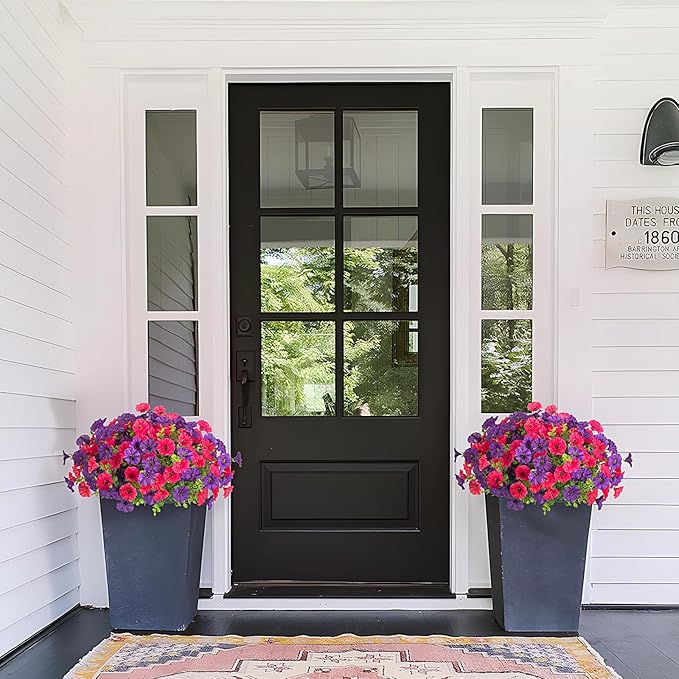 Artificial Flowers for Outdoors Decoration, 10 Bundles Fake Plastic Flower Plant, Faux Colorful Silk Morning Glory Petunias for Outside Garden Porch Front Door Decor, Rose Purple