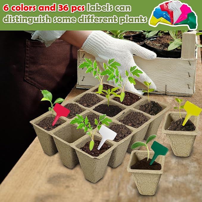 PINVNBY 432 Cells Seed Starter Tray 36 Packs Biodegradable Peat Pots for Seedlings Disposable Seedling Starter Trays with 36 Labels and 2 Transplant Tools