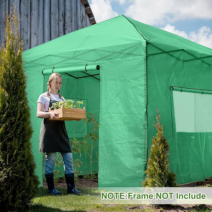 EAGLE PEAK Replacement Cover for 10x10 Portable Walk-in Pop up Greenhouse, Front Roll-Up Zipper Entry Door and 2 Large Roll-Up Side Windows (Frame Not Included), Green