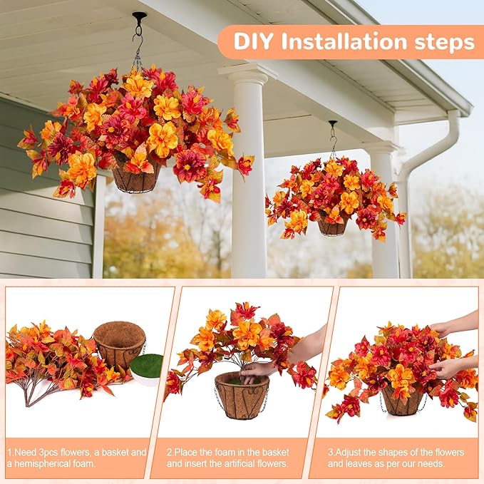 Artificial Fake Fall Hanging Flowers with Basket for Outdoors Decoration 3PCS Faux Fall Flowers for Outdoor Planters UV Resistant No Fade Silk Hibiscus for Home Porch Patio Garden Balcony Yard Decor
