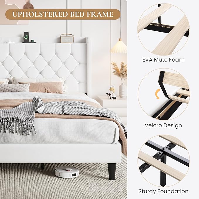 SHA CERLIN King Size Platform Bed Frame with Charging Station, Velvet Wingback Headboard with Storage Shelf, Wooden Slats Support, Ample Under-Bed Space, No Box Spring Needed, Easy Assembly, White