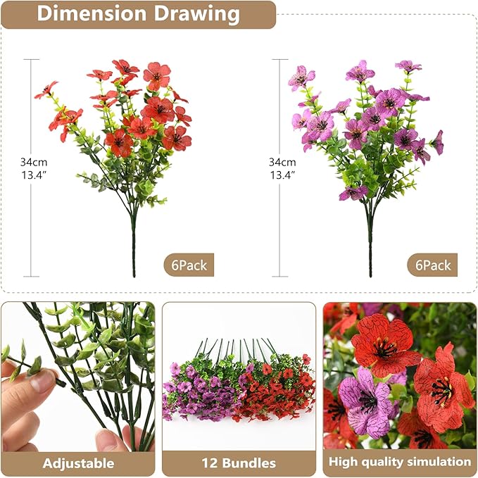 Artificial Flowers Faux Plants Outdoor Fake Flowers Spring Decor,12 Bundles Realistic Plastic Plant Colorful Daisy UV Resistant for Porch Patio Home Yard Garden Window Box Pot Planters