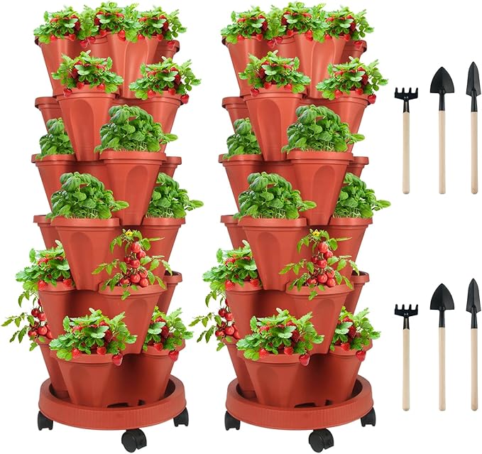 Vertical Planter 6 Tier Stackable Planters Garden Planters Strawberry Herb Flower and Vegetable Planter Indoor Outdoor Gardening Pots with Removable Wheels and Tools 2-Pack