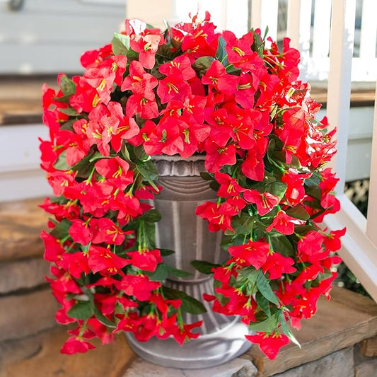 Bougainvillea Artificial Hanging Flowers Plants for Outdoors Decoration, 2pcs Fake Flowers Silk Bougainvillea Vines Realistic UV Resistant Faux Flowers for Outdoor Planters Porch Patio, Red