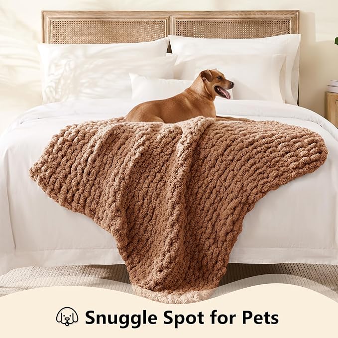 L'AGRATY Chunky Knit Blanket Throw - Soft Chenille Yarn Throw Blanket 40x50： Handmade Thick Cable Knit Crochet Blanke - Large Knit Blanket Chunky Rope Knot Throw Blanket for Couch Sofa Bed Home Decor