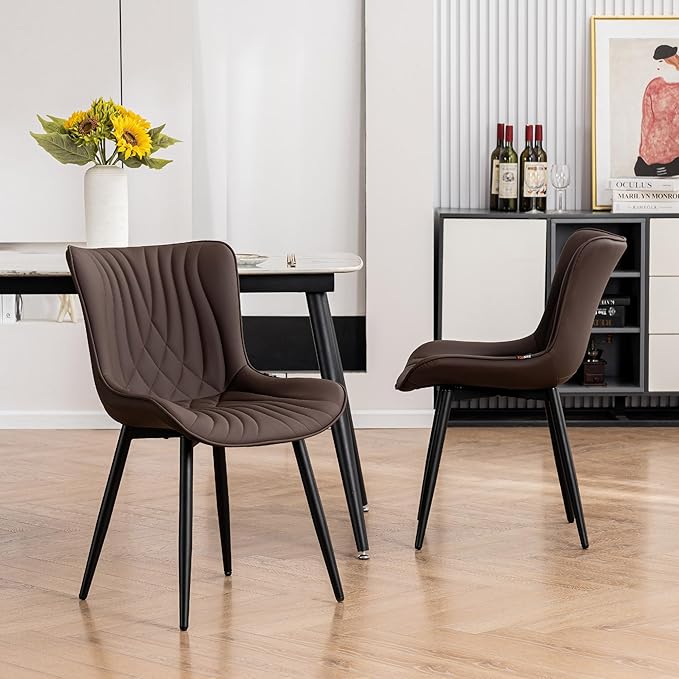 Kidol&Shellder Brown Dining Chairs Set of 2,Faux Leather Upholstered Mid Century Modern Kitchen&Dining Room Chair with Back,Ergonomic Armless Vanity&Living Room Chair with Metal Legs