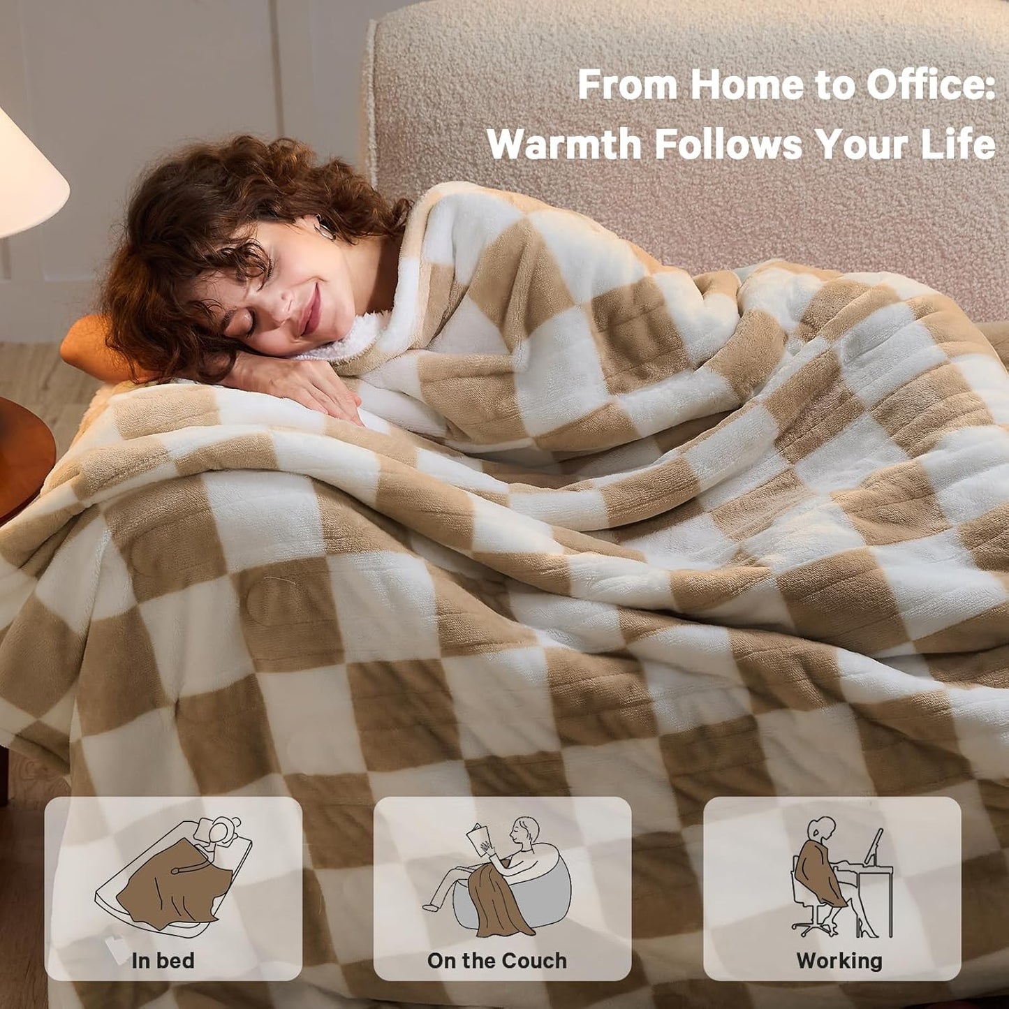 Light Brown Heated Throw Blanket Electric, 50X60 Heating Blanket with 10 Heat Levels & 8 Hours Auto Off for Lap, Checkered Plaid Soft Sherpa Blankets Warmer Gifts for Couch Grandma Women Adults, ETL