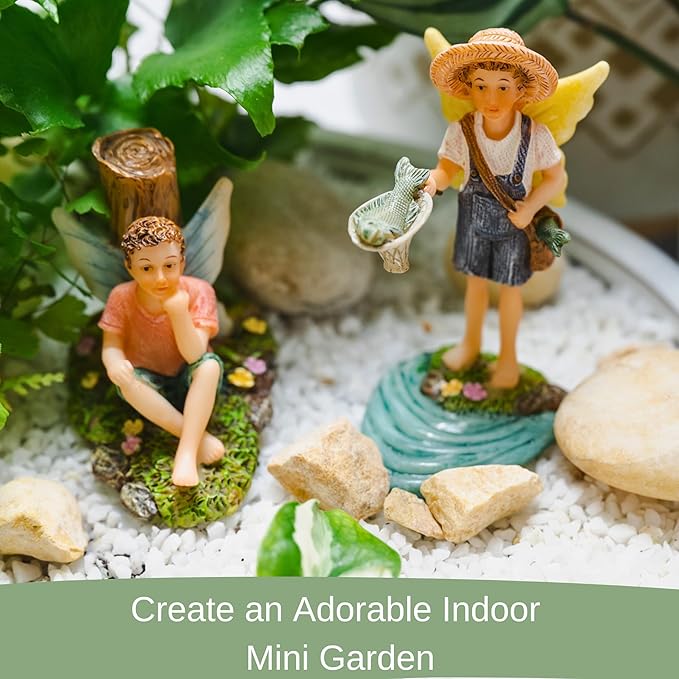 PRETMANNS Fairies for Fairy Garden - Fishing Boy Figurines – Accessories for Indoor or Outdoor Miniature Garden – 2-Piece Set
