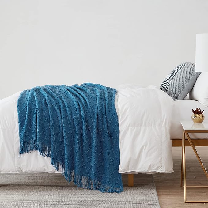 BOURINA Royal Blue Throw Blanket 50 x90 Inches Throw Textured Solid Soft Sofa Throw Couch Cover Knitted Decorative Blanket