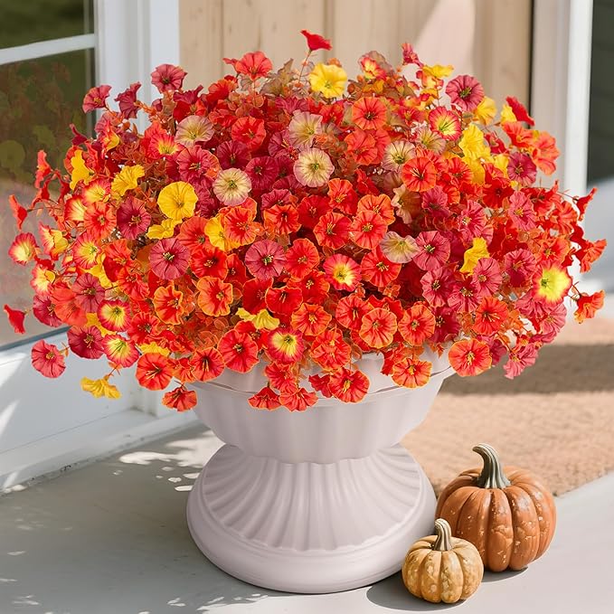 Fall Artificial Flowers for Decoration, 12 Bundles Fake Autumn Flower Plants Petunias, Faux Silk Morning Glory Eucalyptus for Planter Garden Porch Front Door Window Box, Orange Red Yellow