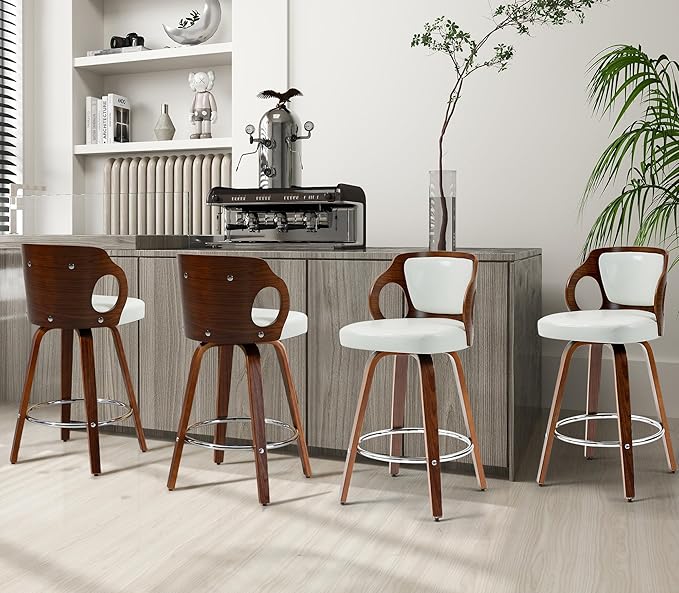 ECOTOUGE Swivel Bar Stools Set of 4, Walnut Faux Leather Counter Height Barstools with Bentwood Back and Footrest, for Dining Room, Kitchen Island and Pub, White