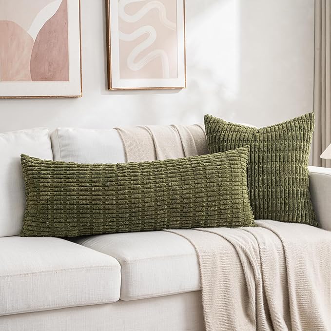 Fancy Homi 2 Packs Boho Moss Green Decorative Throw Pillow Covers 20x20 Inch for Couch Bed Sofa, Rustic Modern Farmhouse Home Decor, Soft Plush Corduroy Square Cute Cushion Case 50x50 cm