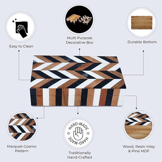 Handicrafts Home Handmade Decorative Storage Box with Lid- Jewelry Storage, Memory Keepsake, Gift Box for Women, Marquet Cosmo Pattern, Resin Inlay & Wood-Modern Decor Cajas Organizadora-6X8X1.5 Inch