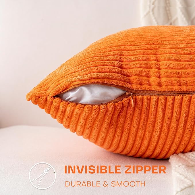 Decorative Throw Pillow Covers 18x18 Inch Set of 2 for Boho Living Room Farmhouse Home Decor, Spring Pillow Covers for Couch Bed, Soft Corduroy Striped Patchwork Cushion Cases, Orange