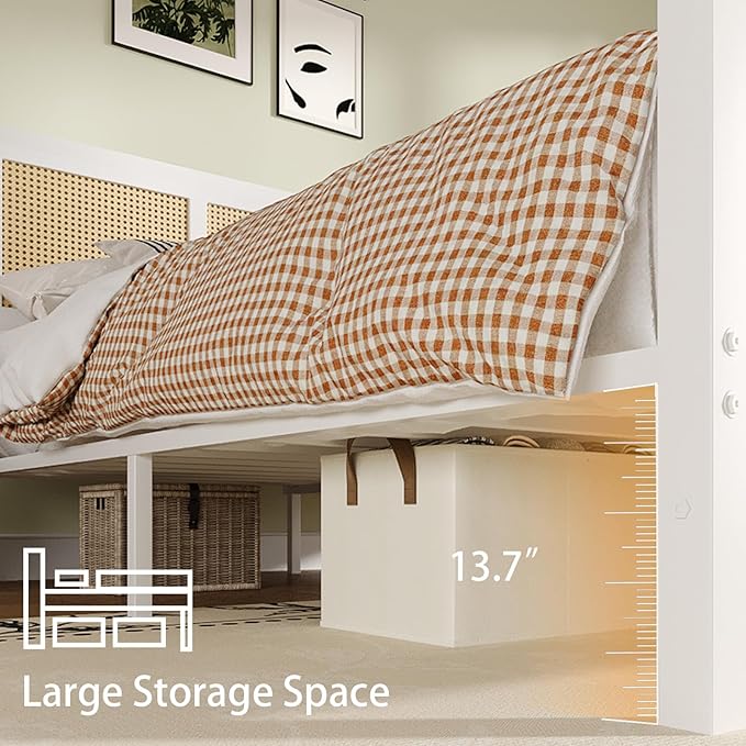 Rattan Bed Frame, Boho King Bed Frame and Headboard, Metal Platform King Size Bed Frames with Strong Slat Support, No Box Spring Needed, Noise Free, Easy Assembly, White