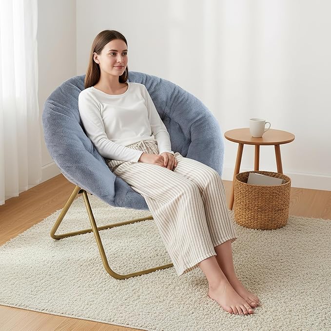 NEWBULIG Comfy Saucer Chairs Soft Lounge Cute Folding Bedroom Living Room Seat Flexible Reading Foldable Seating for Adults Thick Padded Metal Frame Modern for Home Office Gray