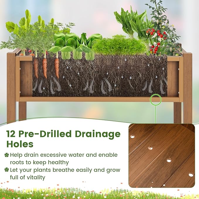 Giantex HIPS Raised Garden Bed, Elevated Planter Box w/Legs, Storage Shelf, Drainage Holes, Weather-Proof Standing Raised Beds for Backyard Porch Flower Vegetable (Coffee, 34" x 18" x 29")