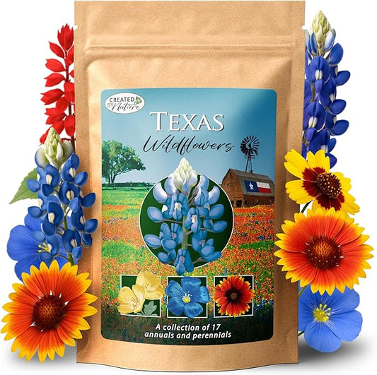 Created By Nature Texas Wildflower Seed Mix with Texas Bluebonnet Seeds, 17 Flower Varieties, 60,000+ Seeds