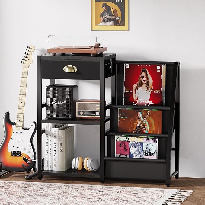 End Table with Vinyl Record Storage - 3 Tier Turntable Stand with Records Holder for Media Stereo Speaker, Amplifiers, Magazines - Rustic Black