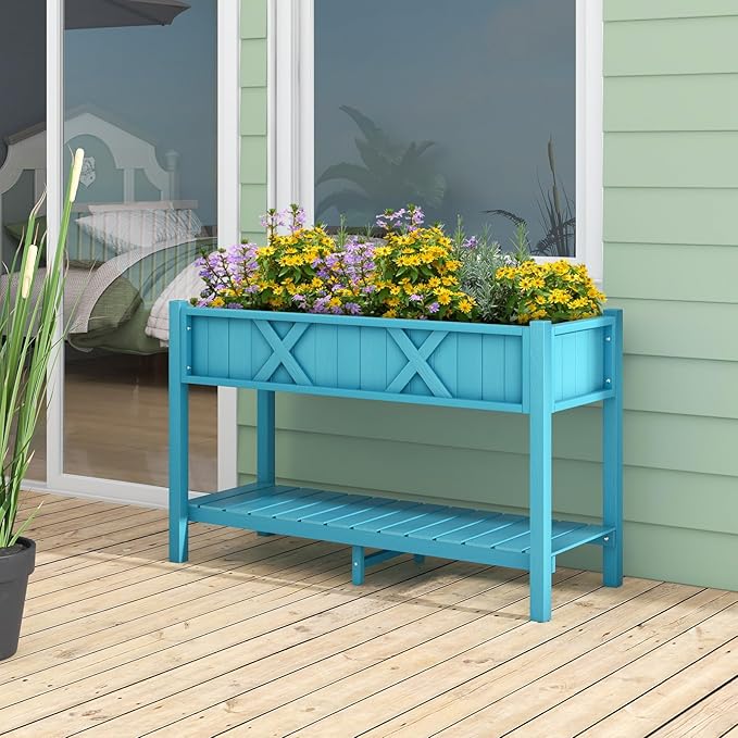 Giantex HIPS Raised Garden Bed, Elevated Planter Box w/Legs, Storage Shelf, Drainage Holes, Weather-Proof Standing Raised Beds for Backyard Porch Balcony Flower Herb (Blue, 44" x 18" x 29")