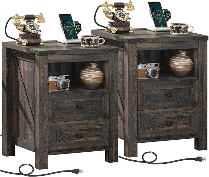 Nightstands Set of 2 with Charging Station, Farmhouse Night Stand with 2 Drawers and Shelf Storage, Wooden Side End Table, Bedside Cabinet for Bedroom, Living Room, Closet,Office (Dark Drey)
