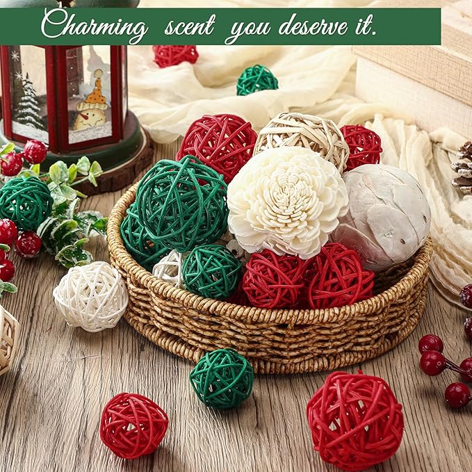 Riceshoot 2 Pack Decorative Balls Potpourri Bowl Filler Decor Natural Vase Bowl Filler Assorted Spherical Rattan Twigs Wicker Balls Cotton for Home Centerpiece(Red, Green, White)