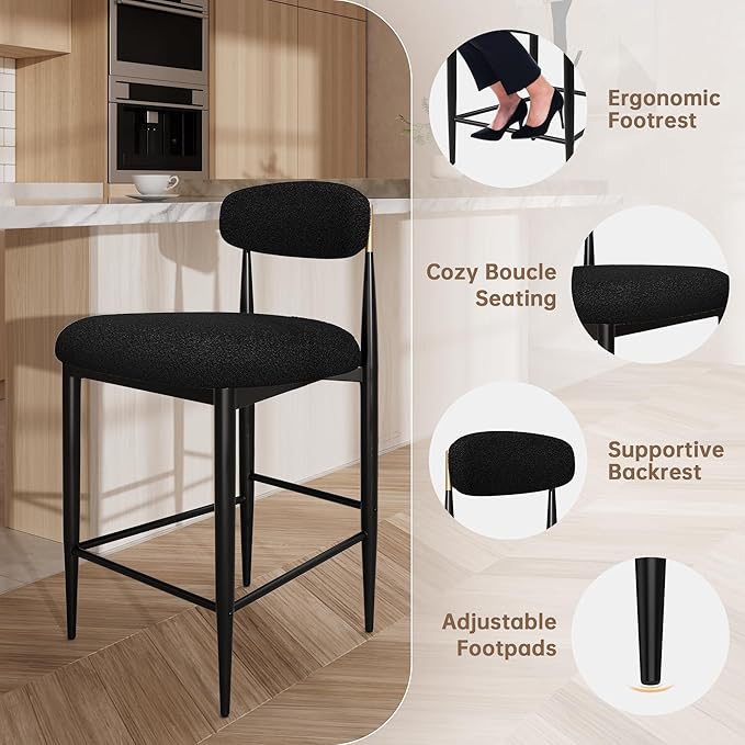 Morden Fort Modern Counter Height Bar Stools Set of 2, Black Upholstered Counter Stools with High Backs, 26" Boucle Island Chairs for Kitchen, Dining Room and Bar