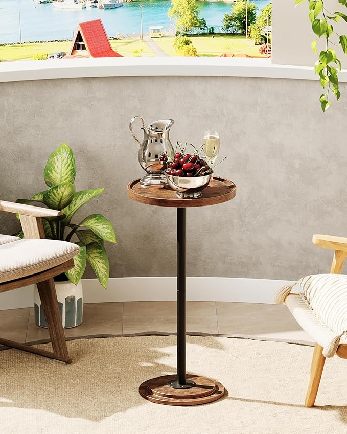 Small Round Side Table, Drink Table for Small Spaces, Pedestal Cocktail Table, Thickened Base, for Living Room, Bedroom, Office, Rustic Brown and Black TBZ30BF