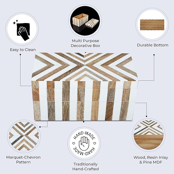Handicrafts Home Marquet Chevron Decorative Box Shelf Decor, Dressing Table Organizer, Storage Box with Lid–Resin Inlay & Wood Organizer Box–Modern Decor, Keepsake, Jewelry Box for Women-10X5X5 Inch